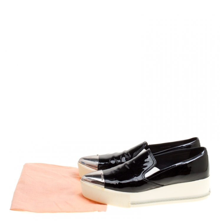 Pre Owned Miu Miu Black Patent Leather Metal Cap Toe Platform Slip On Sneakers Size 41