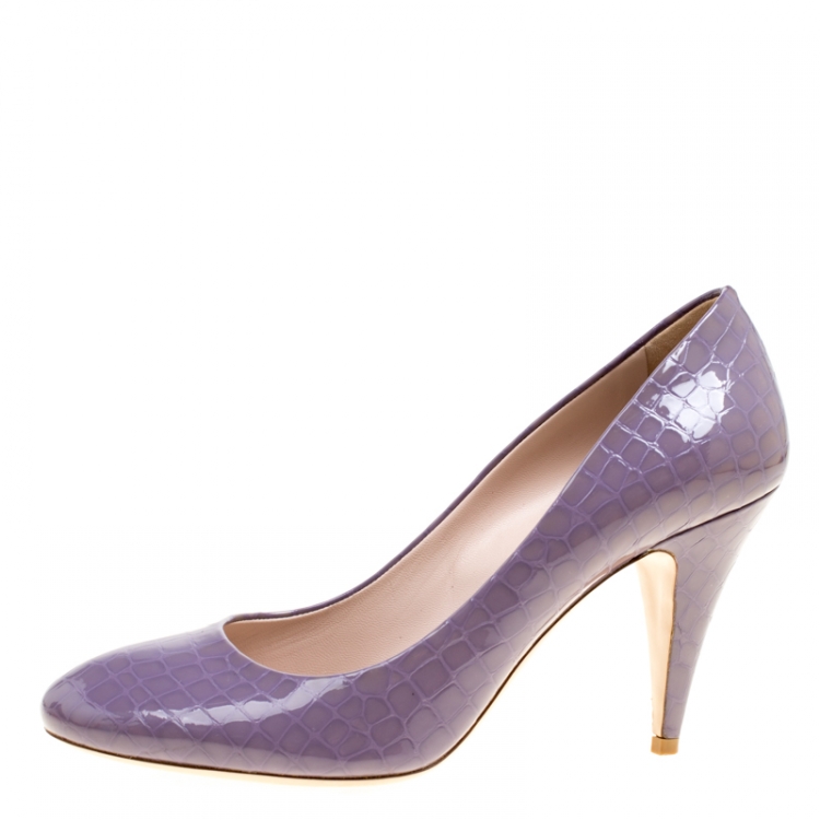 Pre Owned Miu Miu Purple Croc Embossed Patent Leather Pumps Size 39