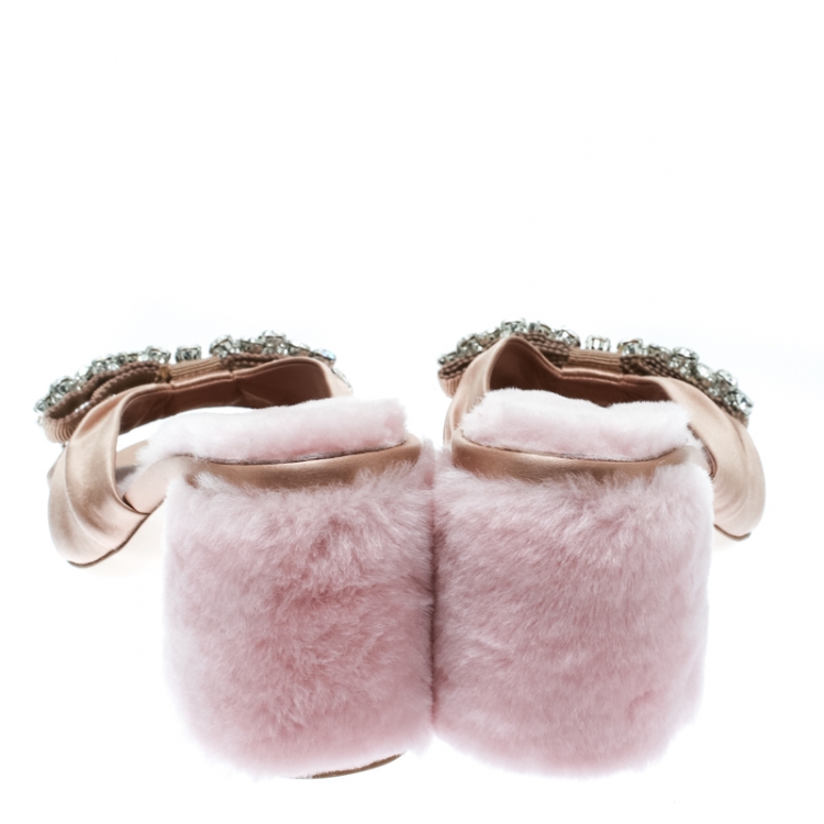 Pre Owned Miu Miu Pink Satin and Fur Bow Crystal Embellished Detail Slide Sandals Size 38