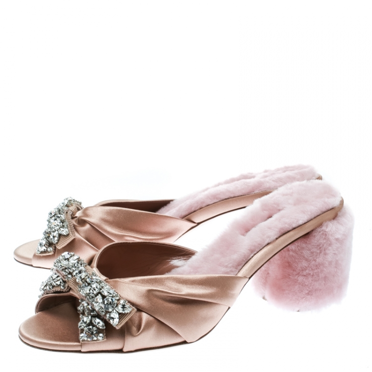 Pre Owned Miu Miu Pink Satin and Fur Bow Crystal Embellished Detail Slide Sandals Size 38
