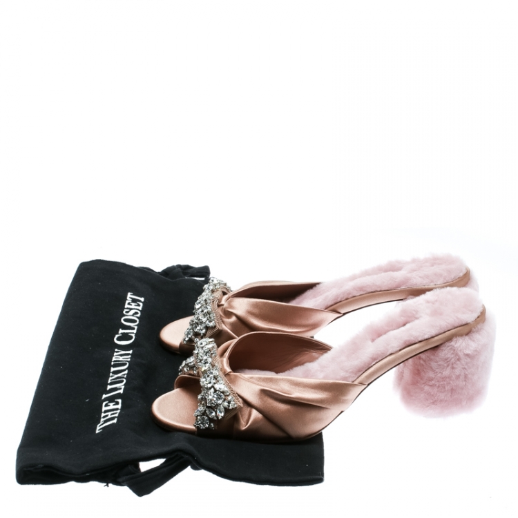 Pre Owned Miu Miu Pink Satin and Fur Bow Crystal Embellished Detail Slide Sandals Size 38