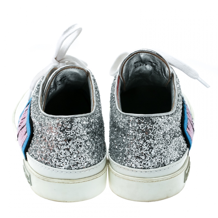 Pre Owned Miu Miu Silver/White Glitter Beaded Lace Up Sneakers Size 39