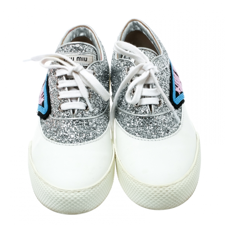 Pre Owned Miu Miu Silver/White Glitter Beaded Lace Up Sneakers Size 39