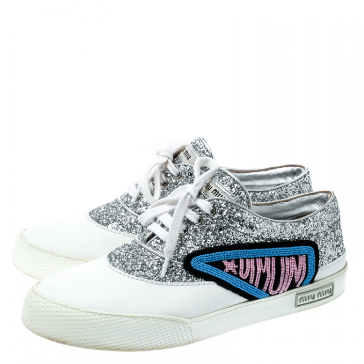 Pre Owned Miu Miu Silver/White Glitter Beaded Lace Up Sneakers Size 39