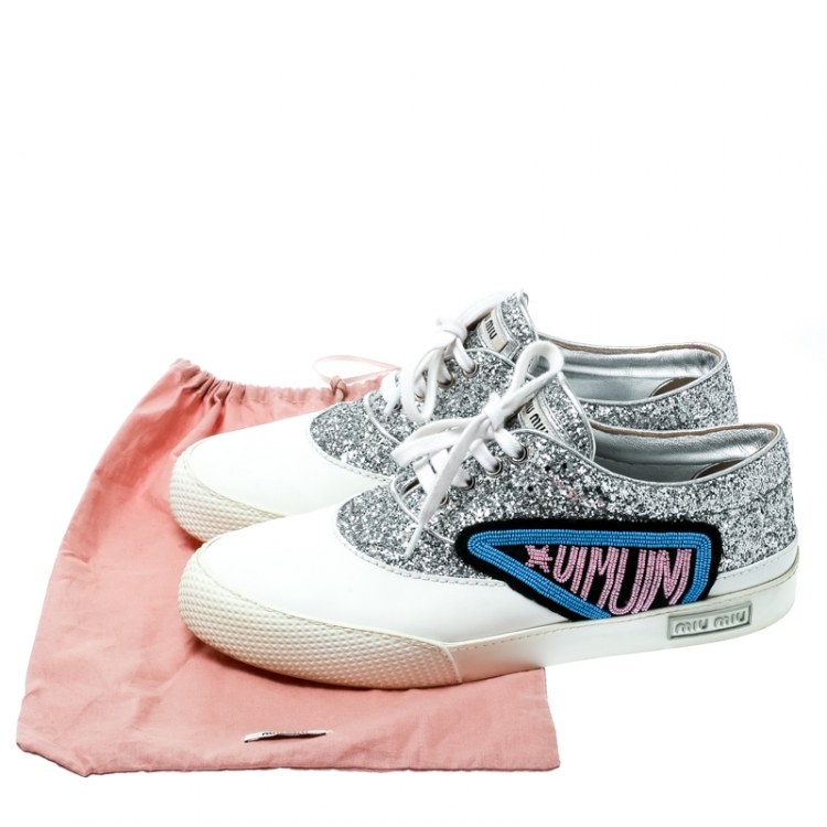 Pre Owned Miu Miu Silver/White Glitter Beaded Lace Up Sneakers Size 39