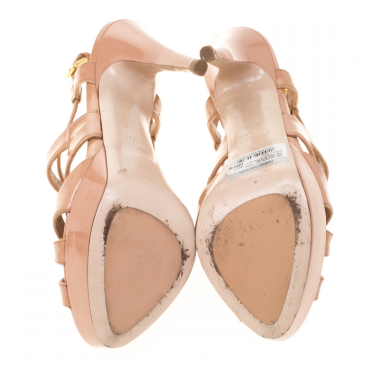 Pre Owned Miu Miu Beige Nude Patent Leather Platform Ankle Strap Sandals Size 36.5