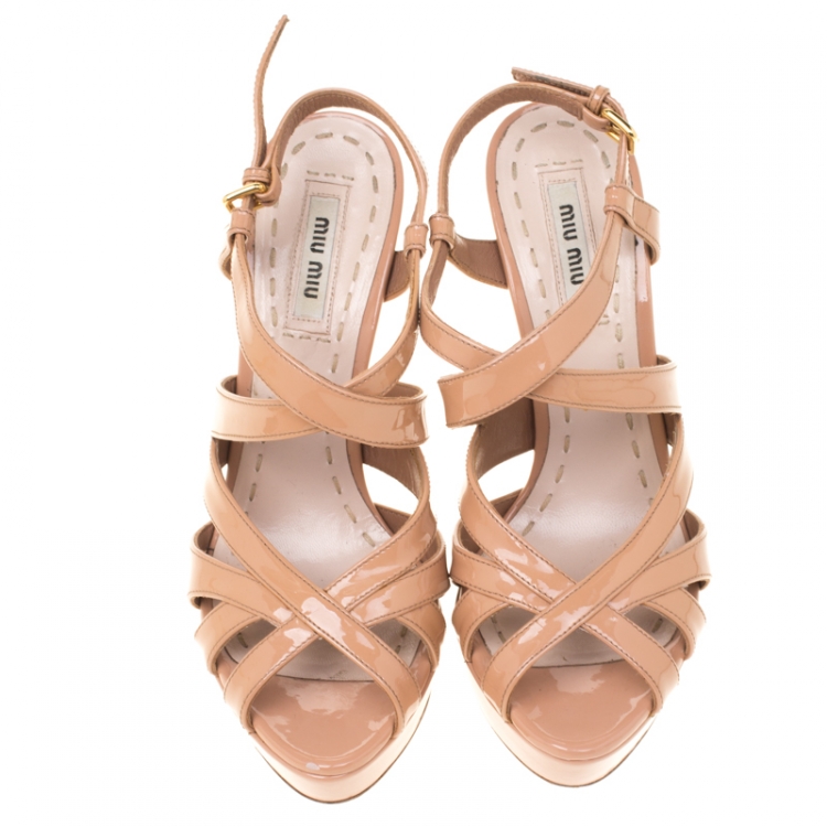 Pre Owned Miu Miu Beige Nude Patent Leather Platform Ankle Strap Sandals Size 36.5