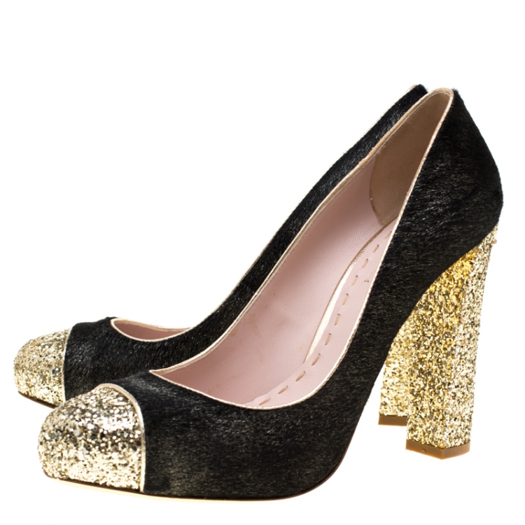 Pre Owned Miu Miu Metallic Black Calf Hair And Coarse Gold Glitter Cap Toe Block Heel Pumps Size 40