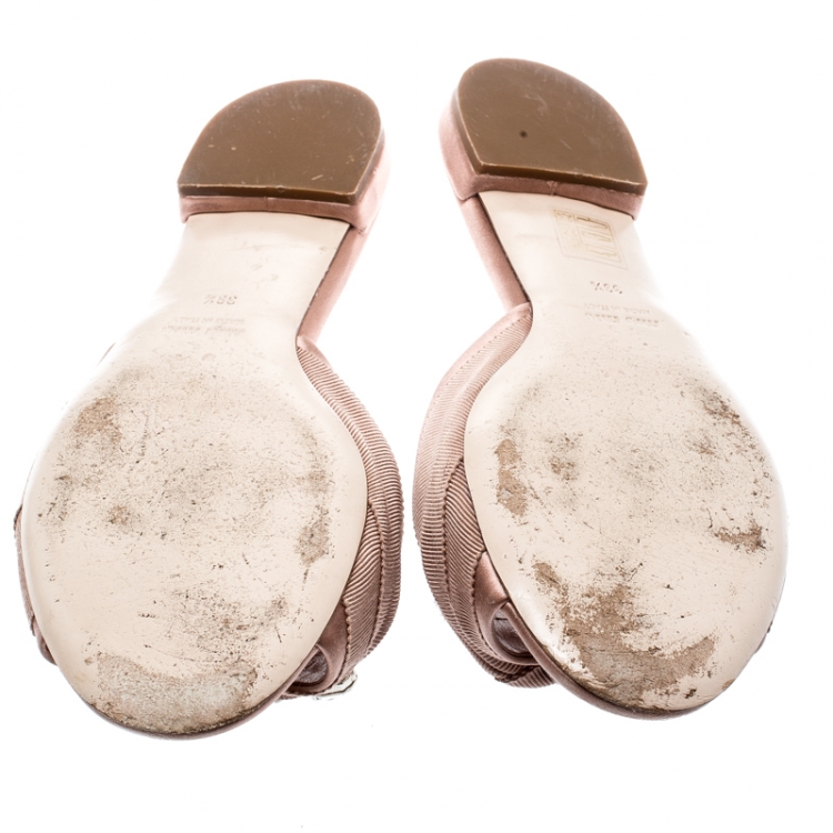 Pre Owned Miu Miu Beige Satin And Canvas Knot Crystal Embellished Slide Sandals Size 39.5