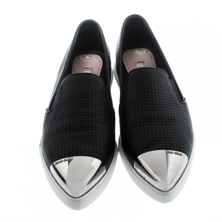 Pre Owned Miu Miu Black Perforated Leather Metal Cap Toe Pointed Toe Sneakers Size 38.5
