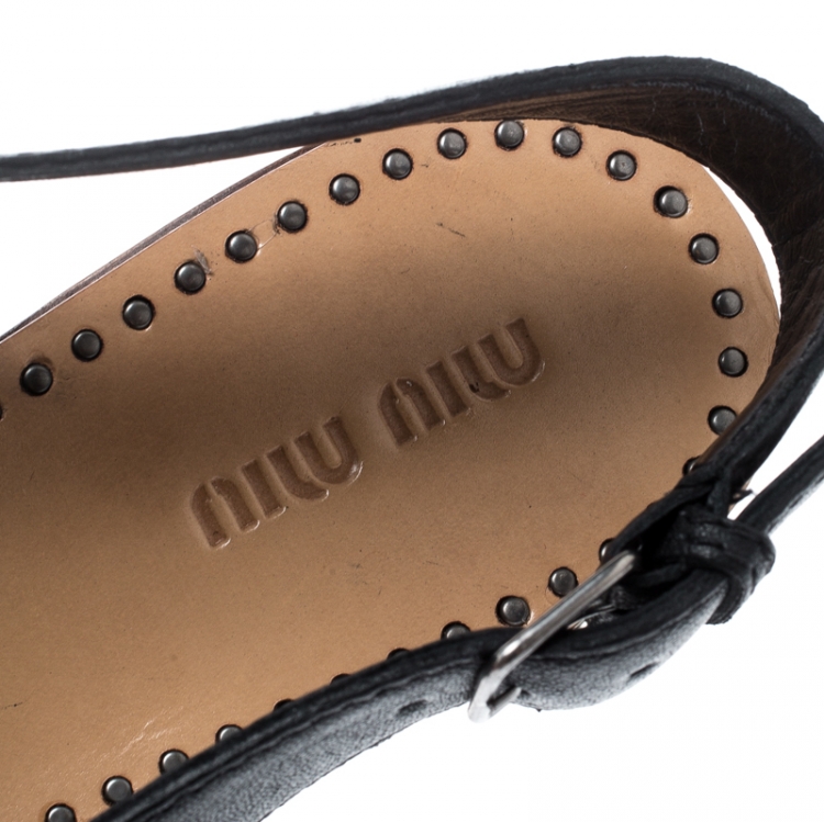 Pre Owned Miu Miu Black Floral Studded Leather Slingback Flat Sandals Size 38