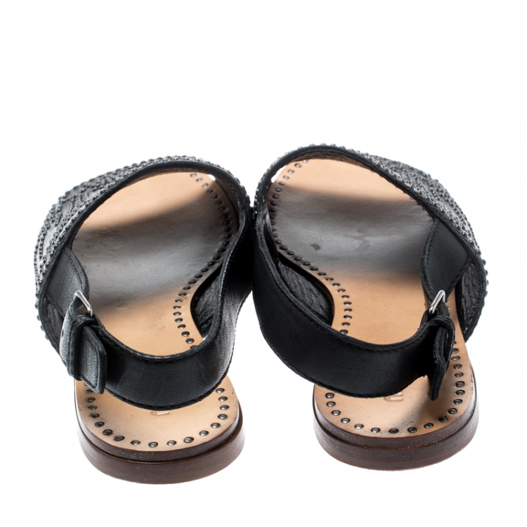 Pre Owned Miu Miu Black Floral Studded Leather Slingback Flat Sandals Size 38
