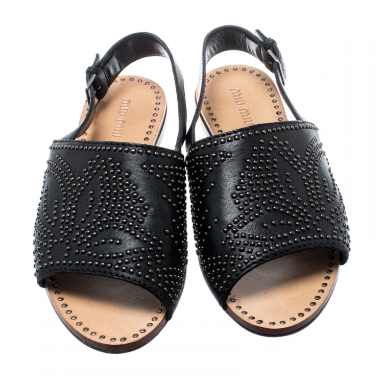 Pre Owned Miu Miu Black Floral Studded Leather Slingback Flat Sandals Size 38