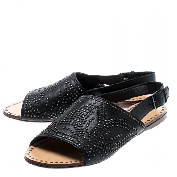 Pre Owned Miu Miu Black Floral Studded Leather Slingback Flat Sandals Size 38