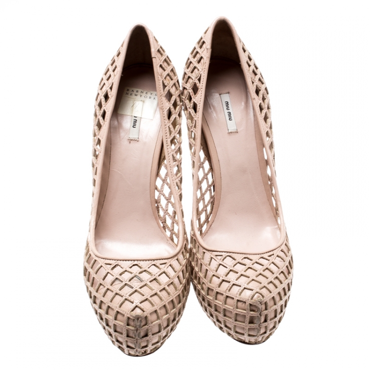 Pre Owned Miu Miu Beige Leather Lazer Cut Platform Pumps Size 41