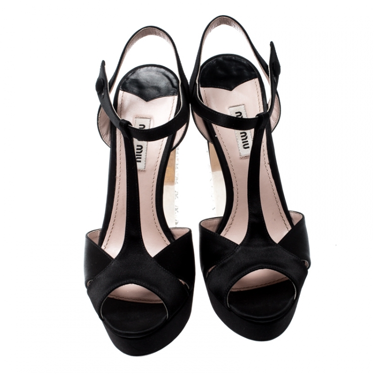 Pre Owned Miu Miu Black Satin T-Strap Crystal Embellished Block Heel Ankle Strap Sandals 38