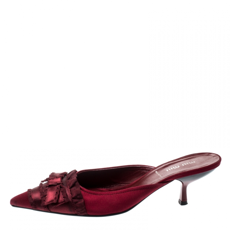 Pre Owned Miu Miu Burgundy Satin Bow Mules Size 37