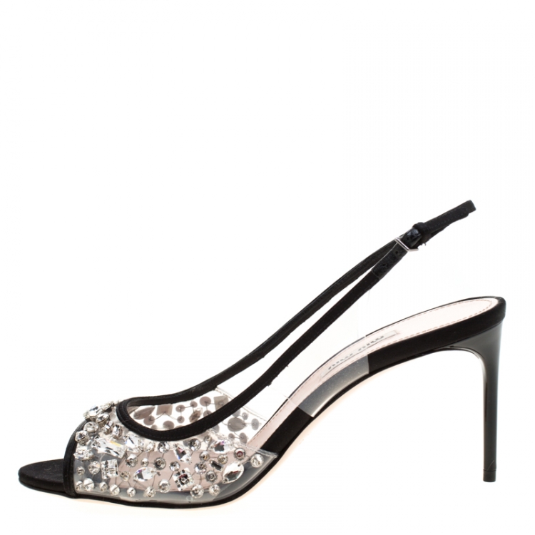 Pre Owned Miu Miu Black Satin And Crystal Embellished PVC Slingback Sandals Size 39