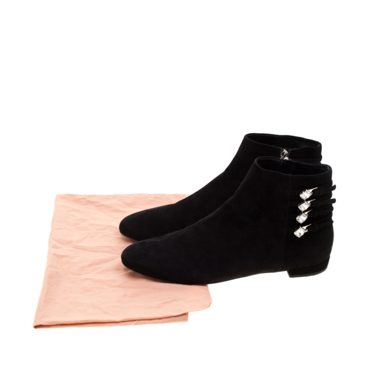مملوكة مسبقًا Miu Miu Black Suede Embellished Ankle Boots Size 38