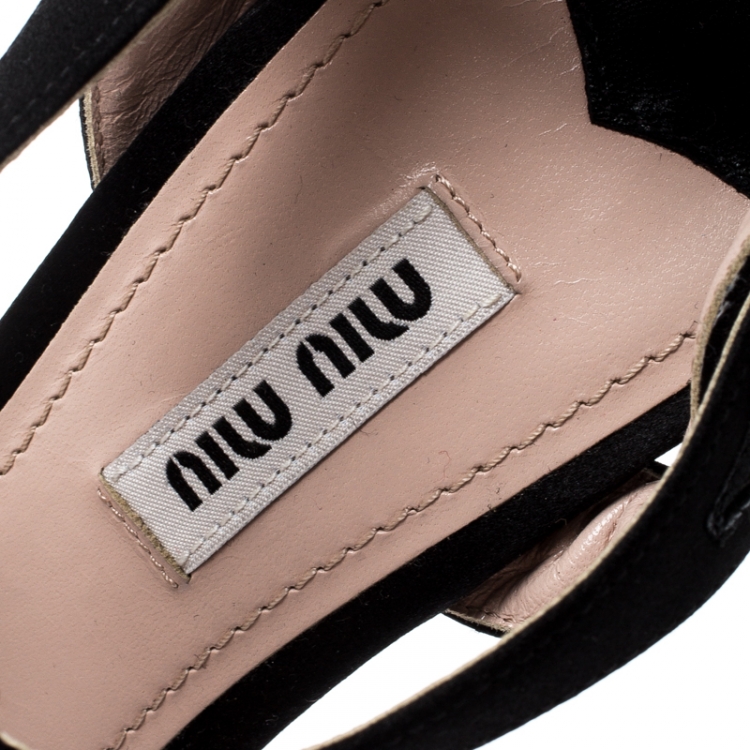 Pre Owned Miu Miu Black Satin Crystal Embellished Heel T Strap Platform Sandals Size 38.5
