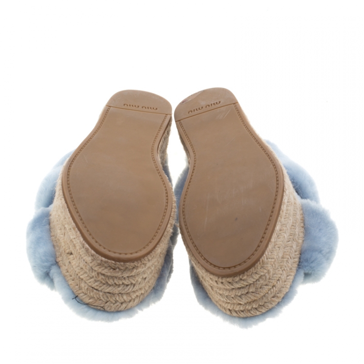 Pre Owned Miu Miu Light Blue Shearling Cross Strap Espadrille Platform Slides Size 38