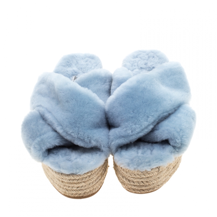 Pre Owned Miu Miu Light Blue Shearling Cross Strap Espadrille Platform Slides Size 38