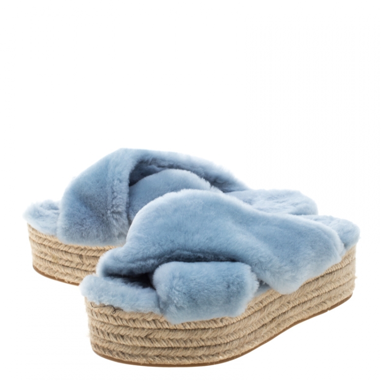 Pre Owned Miu Miu Light Blue Shearling Cross Strap Espadrille Platform Slides Size 38