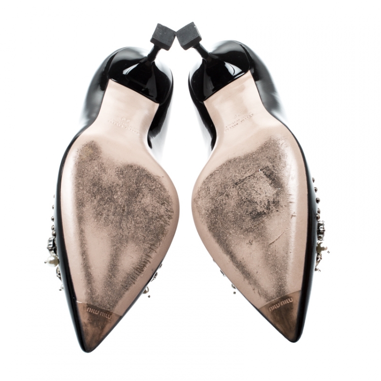 Pre Owned Miu Miu Black Patent Leather Faux Pear And Crystal Embellished Pointed Toe Pumps Size 39