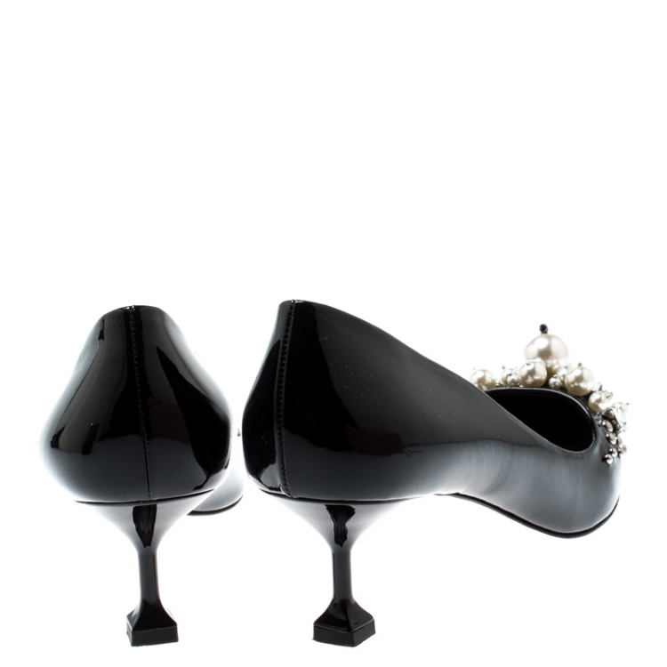 Pre Owned Miu Miu Black Patent Leather Faux Pear And Crystal Embellished Pointed Toe Pumps Size 39