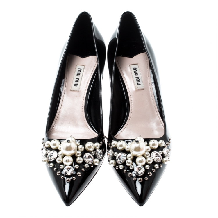 Pre Owned Miu Miu Black Patent Leather Faux Pear And Crystal Embellished Pointed Toe Pumps Size 39