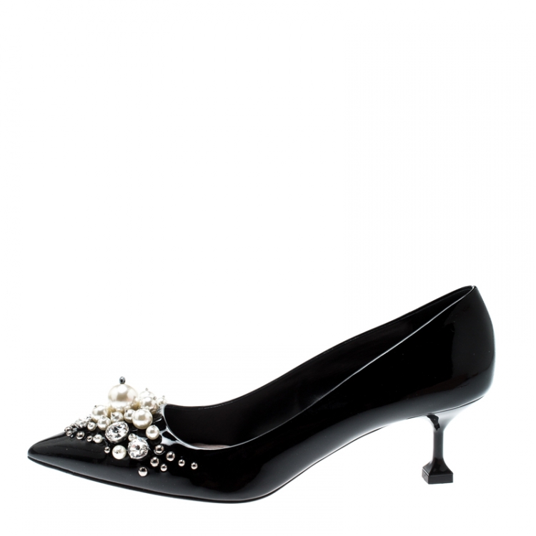 Pre Owned Miu Miu Black Patent Leather Faux Pear And Crystal Embellished Pointed Toe Pumps Size 39