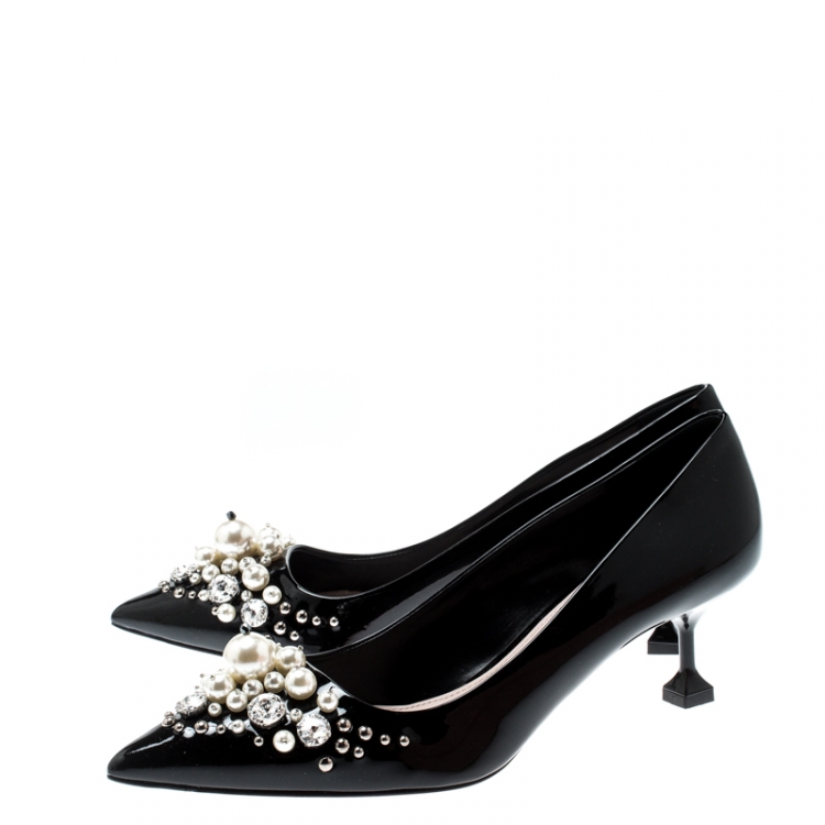 Pre Owned Miu Miu Black Patent Leather Faux Pear And Crystal Embellished Pointed Toe Pumps Size 39