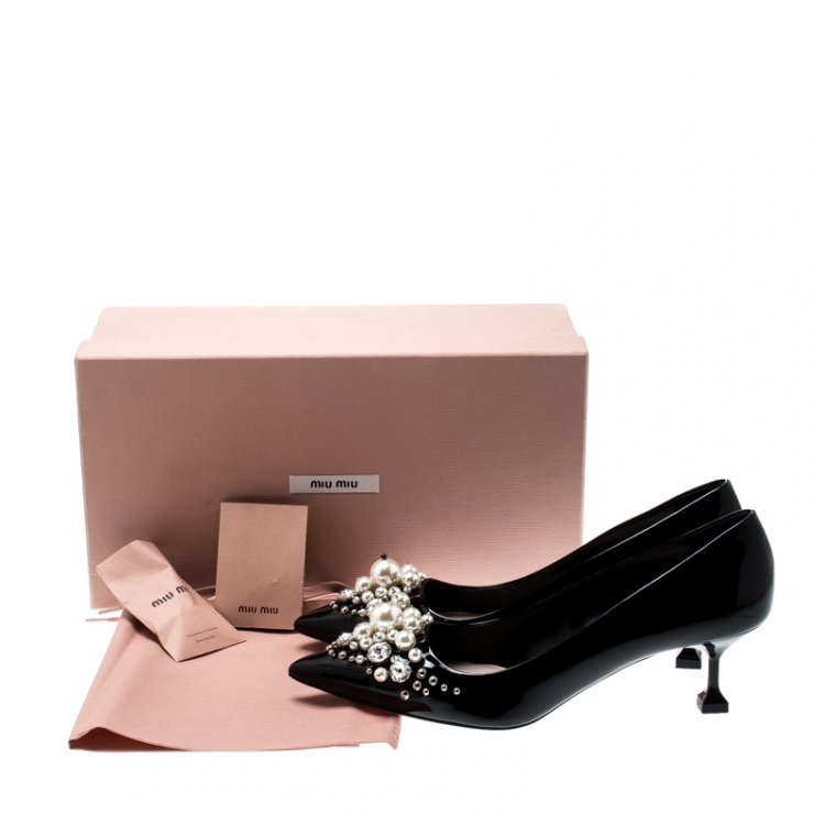 Pre Owned Miu Miu Black Patent Leather Faux Pear And Crystal Embellished Pointed Toe Pumps Size 39