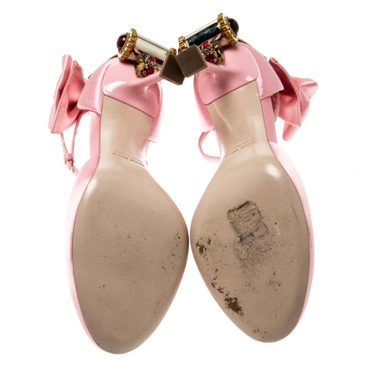Pre Owned Miu Miu Pink Satin Crystal Embellished Heel Bow Ankle Strap Sandals Size 36