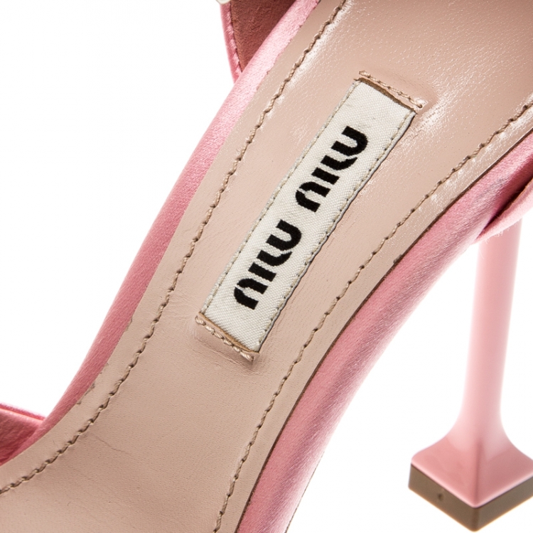 Pre Owned Miu Miu Pink Satin Crystal Embellished Heel Bow Ankle Strap Sandals Size 36