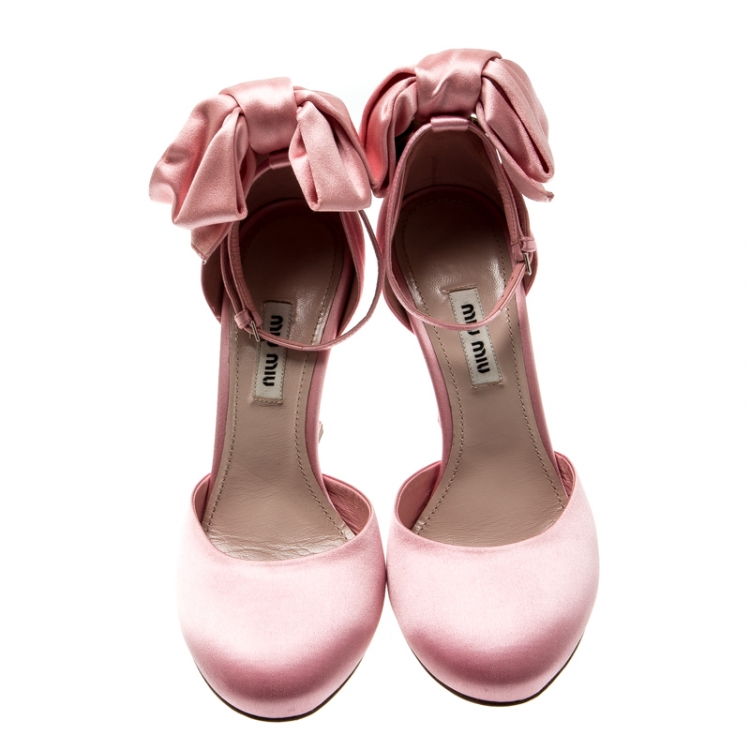 Pre Owned Miu Miu Pink Satin Crystal Embellished Heel Bow Ankle Strap Sandals Size 36