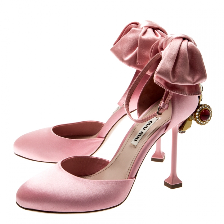 Pre Owned Miu Miu Pink Satin Crystal Embellished Heel Bow Ankle Strap Sandals Size 36