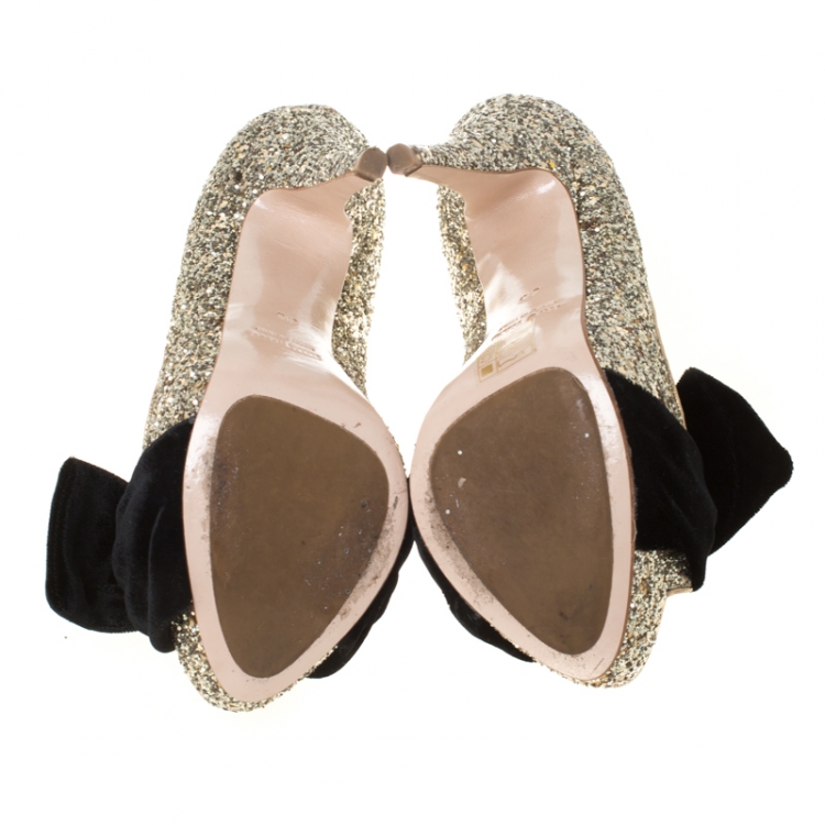 Pre Owned Miu Miu Metallic Gold Glitter Velvet Bow Peep Toe Platform Pumps Size 35