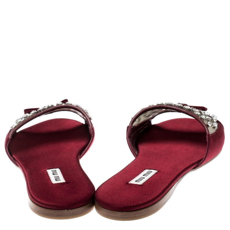 Pre Owned Miu Miu Burgundy Satin And PVC Crystal Embellished Flats Size 39.5