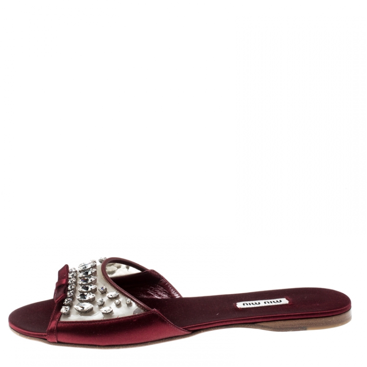 Pre Owned Miu Miu Burgundy Satin And PVC Crystal Embellished Flats Size 39.5