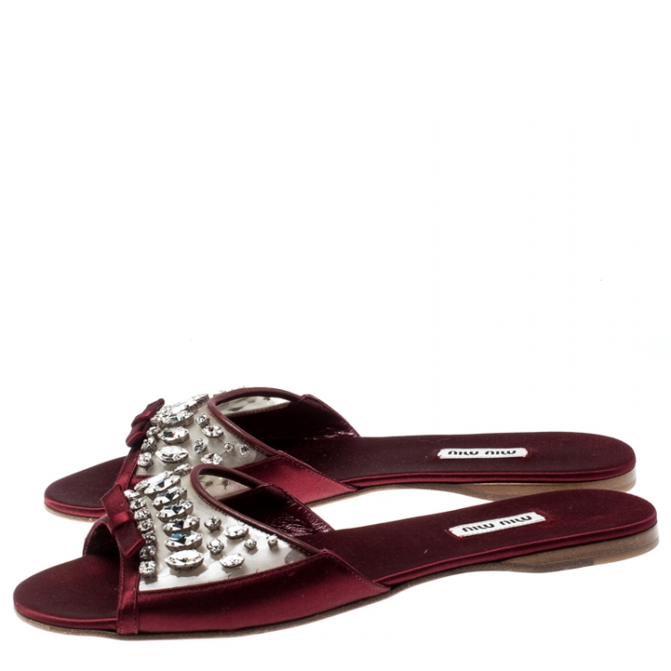 Pre Owned Miu Miu Burgundy Satin And PVC Crystal Embellished Flats Size 39.5