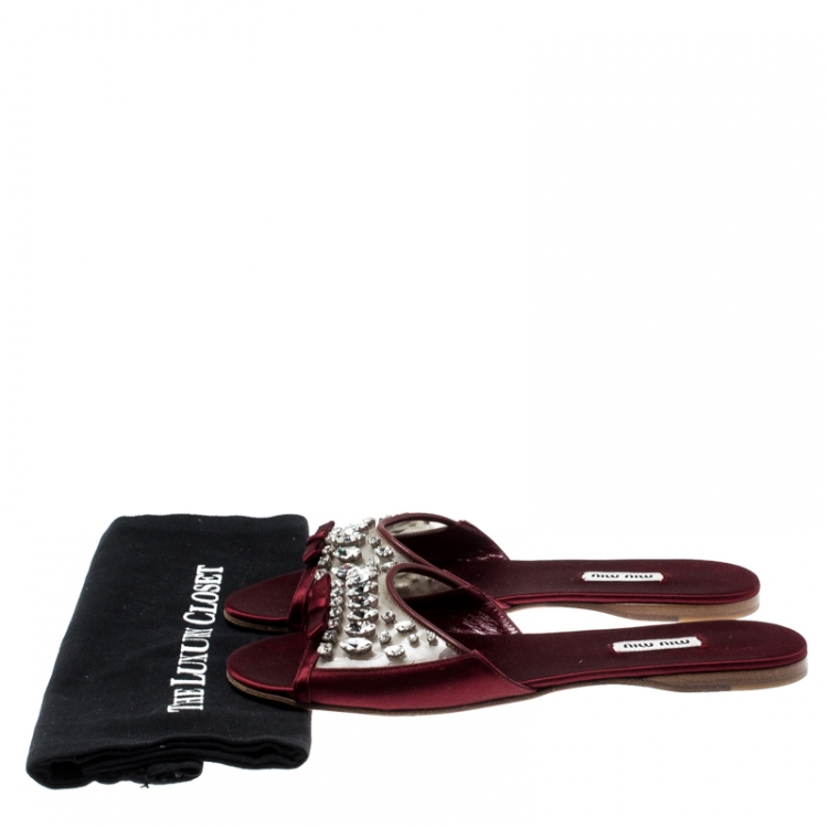 Pre Owned Miu Miu Burgundy Satin And PVC Crystal Embellished Flats Size 39.5