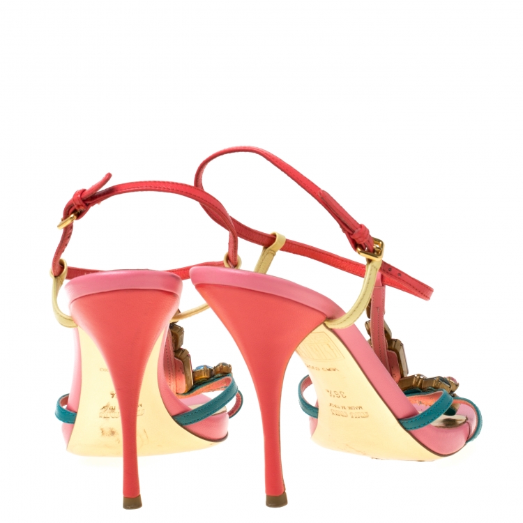Pre Owned Miu Miu Multicolor Gems Embellished Leather T- Strap Sandals Size 36.5
