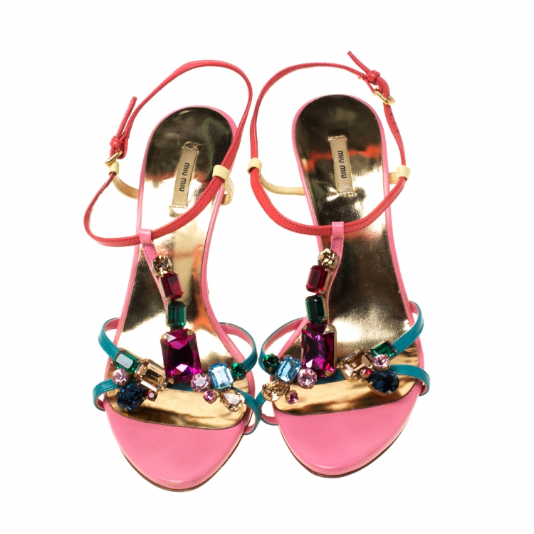 Pre Owned Miu Miu Multicolor Gems Embellished Leather T- Strap Sandals Size 36.5