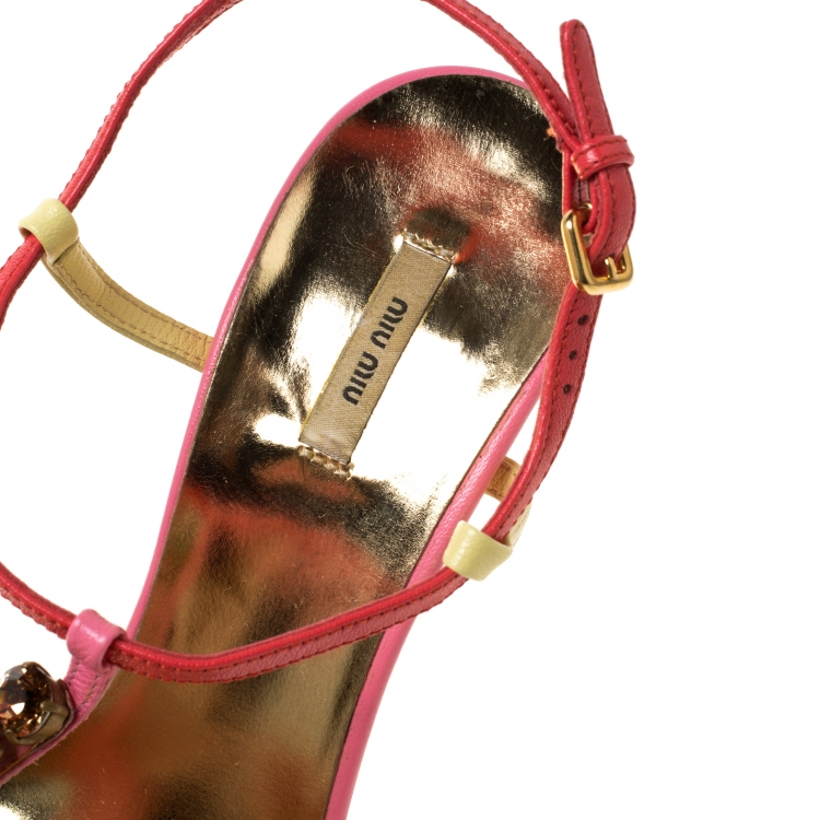 Pre Owned Miu Miu Multicolor Gems Embellished Leather T- Strap Sandals Size 36.5