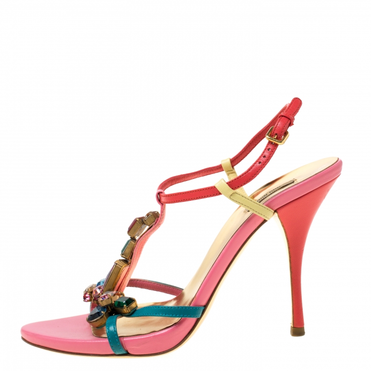 Pre Owned Miu Miu Multicolor Gems Embellished Leather T- Strap Sandals Size 36.5