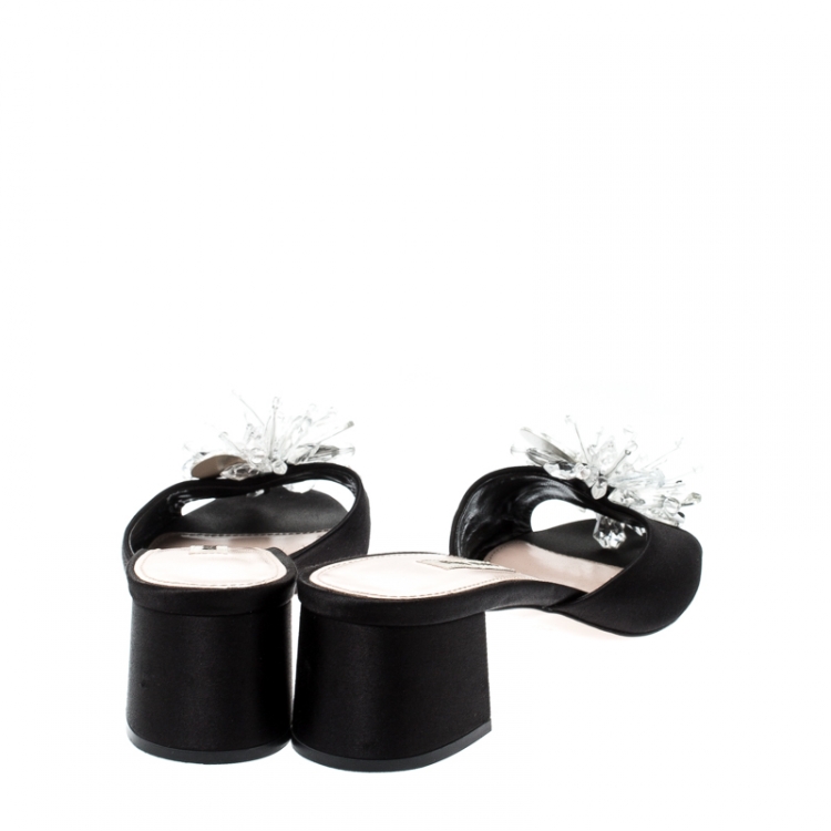 Pre Owned Miu Miu Black Satin Crystal Embellished Peep Toe Block Heel Slides Size 37