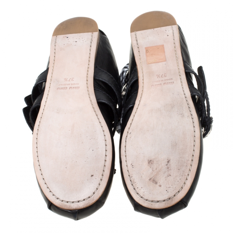Pre Owned Miu Miu Black Leather Double Buckle Tie Up Ballet Flats Size 37.5