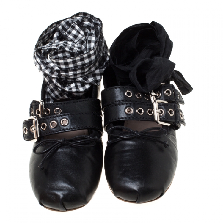 Pre Owned Miu Miu Black Leather Double Buckle Tie Up Ballet Flats Size 37.5