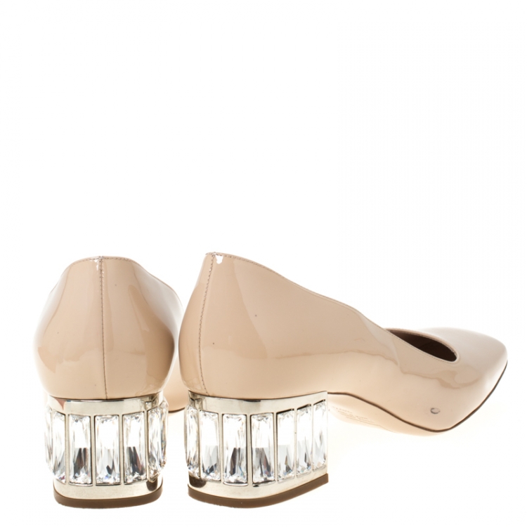 Pre Owned Miu Miu Beige Patent Leather Crystal Heel Pumps Size 38.5